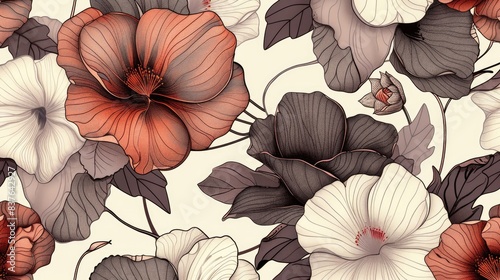 Wallpaper Mural The image is a seamless pattern of pink and white hibiscus flowers with grey leaves on a beige background. Torontodigital.ca