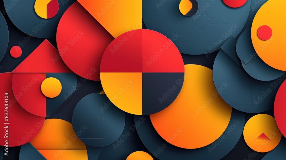 A dynamic background with simple geometric shapes in solid colors. The design includes overlapping circles, rectangles, and triangles, creating a layered and engaging pattern. The use of vibrant A dynamic background with simple geometric shapes in solid colors. The design includes overlapping circles, rectangles, and triangles, creating a layered and engaging pattern. The use of vibrant