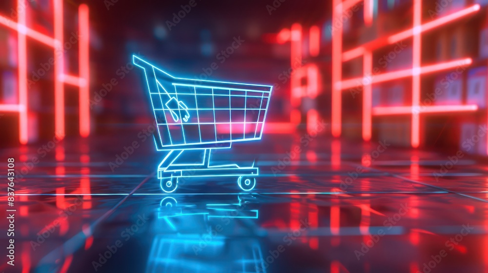 A dynamic 3D render of a futuristic online shopping concept, with a glowing shopping cart icon hovering against a sleek and minimalist background. A dynamic 3D render of a futuristic online shopping concept, with a glowing shopping cart icon hovering against a sleek and minimalist background.