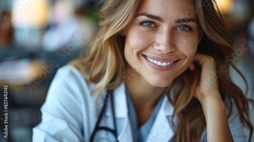 Smiling female doctor with stethoscope, expressing confidence and professionalism in a hospital environment.