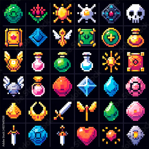 A collection of pixel art RPG-style holy grails with various designs and colors