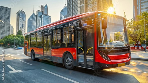 Electric bus fleet in a modern city, bright midday sun