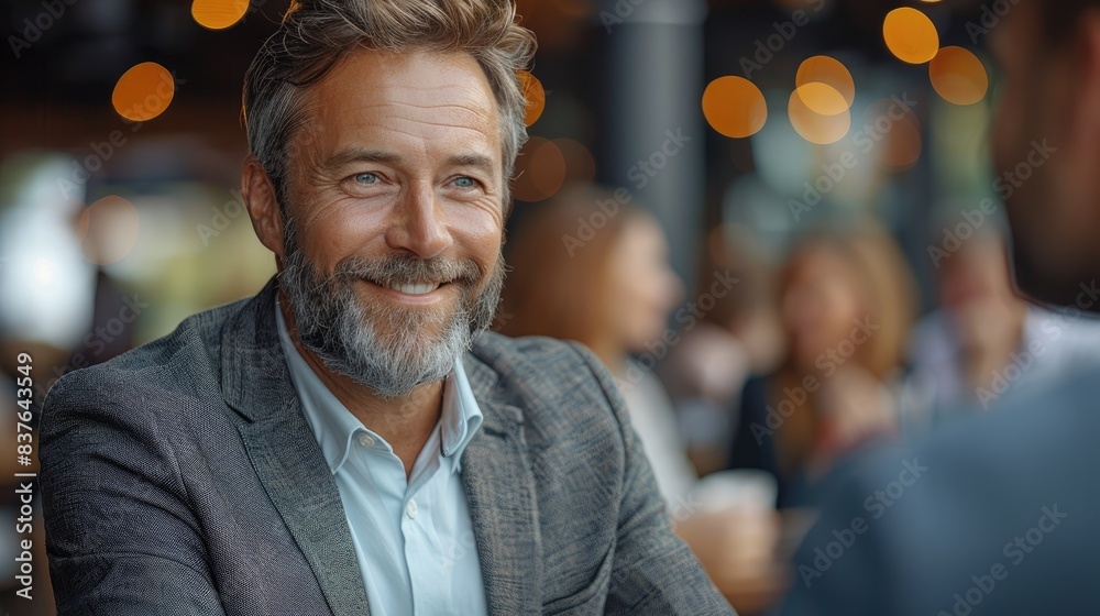 Smiling middle-aged man with beard in a suit, enjoying conversation in a lively cafe with warm lights in the background. Smiling middle-aged man with beard in a suit, enjoying conversation in a lively cafe with warm lights in the background.