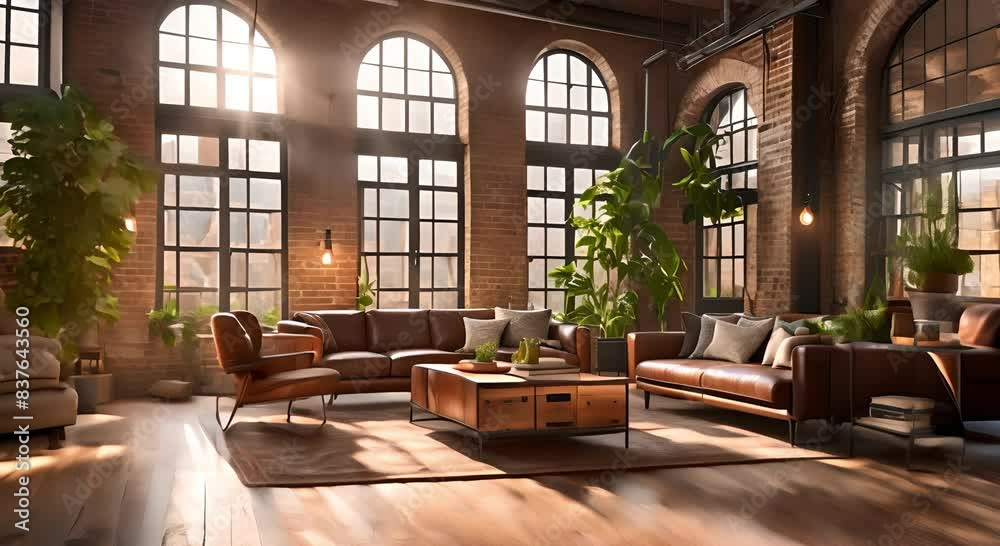 Cozy living room interior in industrial style with brick walls Stock ...