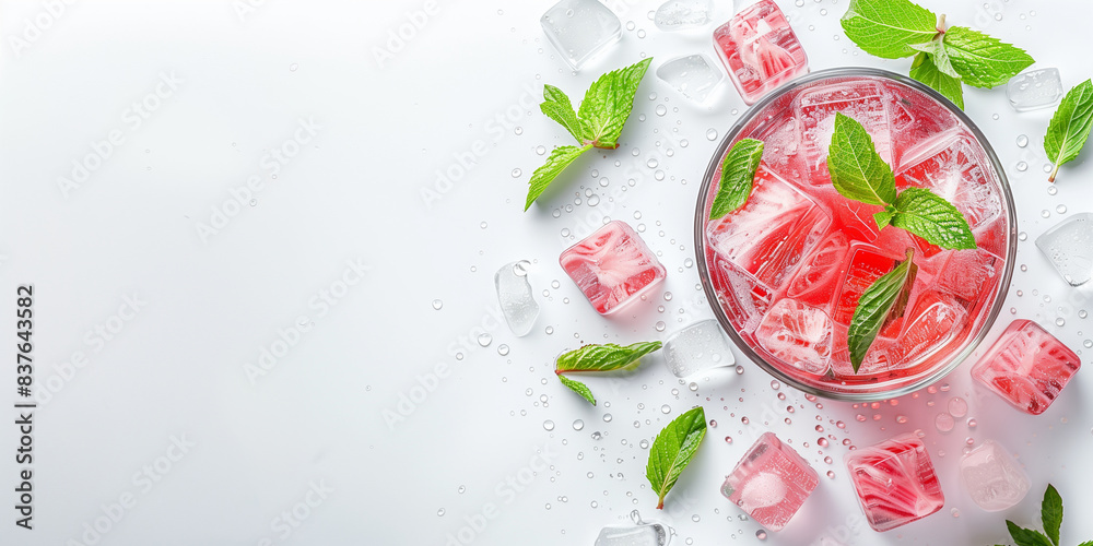 A vibrant and refreshing drink made with rhubarb juice, ice cubes, mint leaves, and sparkling water. A commercial photo in the style of soft light, white background, empty copy spa A vibrant and refreshing drink made with rhubarb juice, ice cubes, mint leaves, and sparkling water. A commercial photo in the style of soft light, white background, empty copy spa