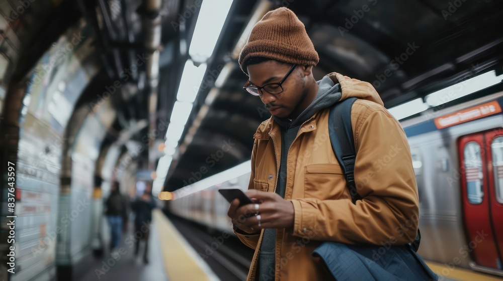 A dynamic photo of a trendy young man standing on the subway platform, checking the time on his smartphone while waiting for his train. A dynamic photo of a trendy young man standing on the subway platform, checking the time on his smartphone while waiting for his train.