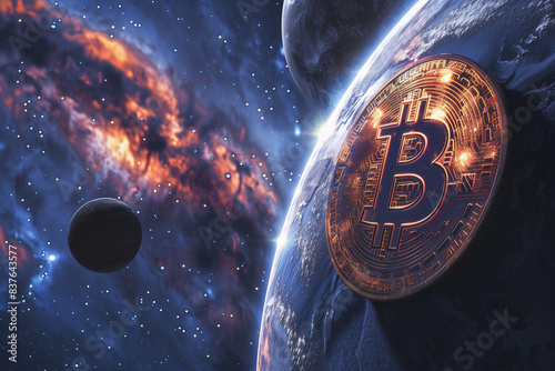 bitcoin in space, cover background design photo