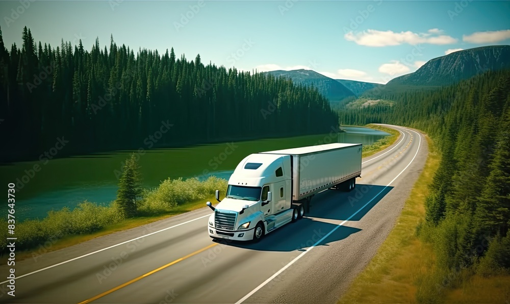 White Semi Truck Driving on a Winding Road Near a Lake in a Forest Natural Landscape White Semi Truck Driving on a Winding Road Near a Lake in a Forest Natural Landscape