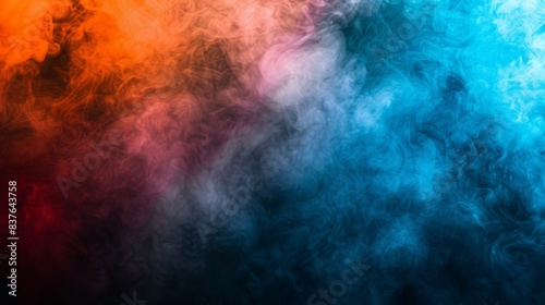  A multicolored cloud of smoke against a black backdrop features a central red, orange, blue, and green stripe