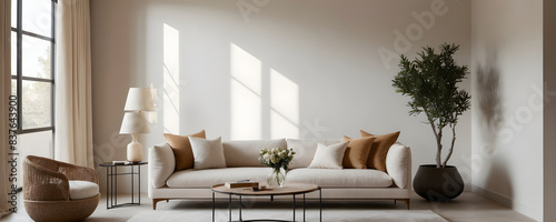 Serenity and sophistication: neutral-toned living room design with a cozy sofa, trendy decor, and peaceful atmosphere