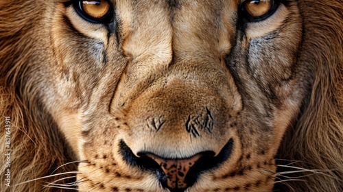 photograph of a lion's face in close-up, its piercing gaze capturing the essence of wild power © Varunee