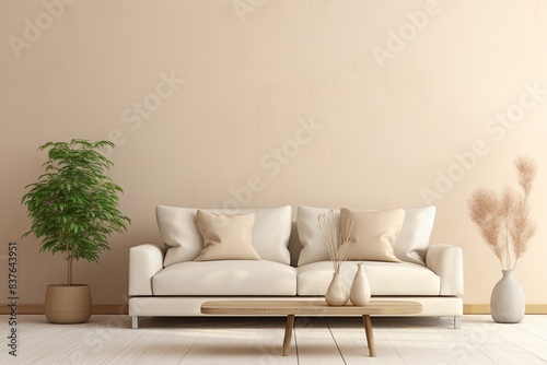 Modern Beige Living Room Interior Design Mockup With Sofa and Coffee Table House Plant Sunlight © DreamStock