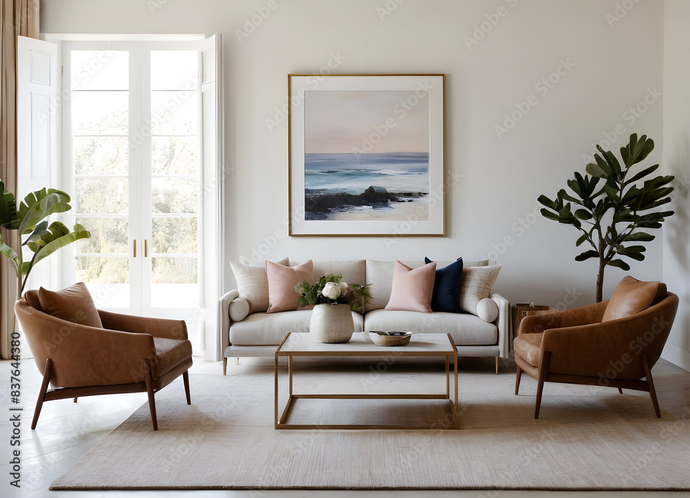 Cozy living room with ocean view artwork, two leather chairs, plush pillows, wooden furniture, and vibrant green potted plants Cozy living room with ocean view artwork, two leather chairs, plush pillows, wooden furniture, and vibrant green potted plants