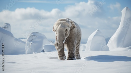 Photograph of a lone mammoth calf exploring its snowy arctic environment