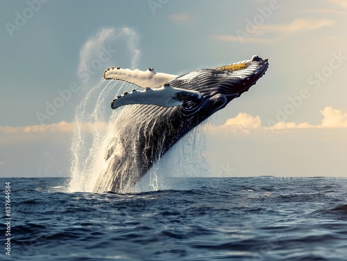 Majestic Humpback Whale Breaching the Ocean Surface in a Dramatic Splash Showcasing the Power and Beauty of Marine Life © Thares2020