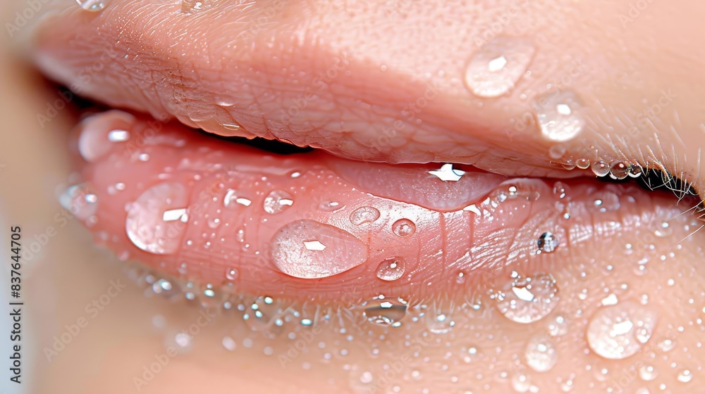 Fototapeta premium A close-up of a person's lips with water droplets, on a white background