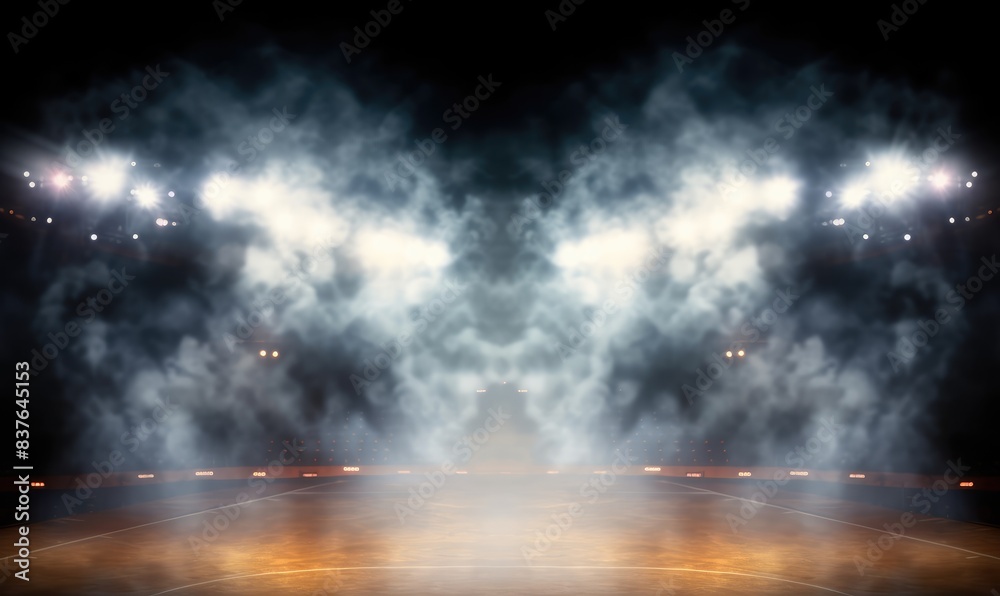 Naklejka premium Basketball Court in Bright Stadium Arena Colorful Lights and Smoke in the Background