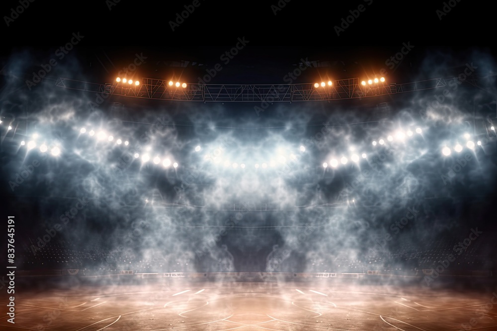 Basketball Court in Bright Stadium Arena Colorful Lights and Smoke in the Background