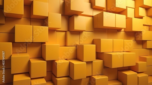 Neatly Constructed Multisized Block Wall. Yellow and Orange  Contemporary Tech Wallpaper. 3D Render.