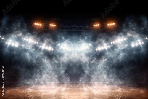 Basketball Court in Bright Stadium Arena Colorful Lights and Smoke in the Background