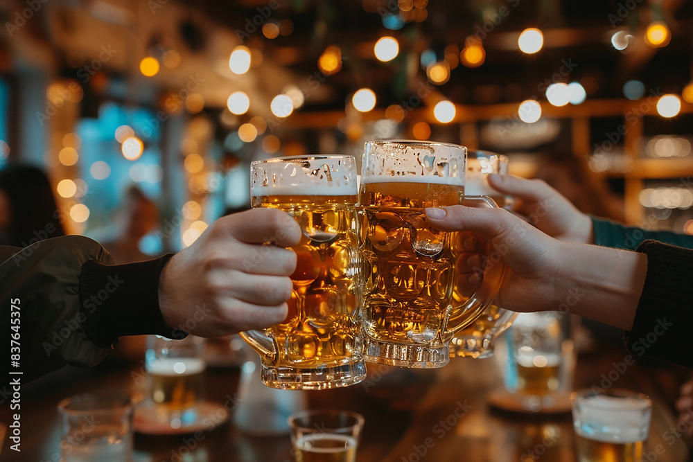 Closeup of hands toasting with beer mugs at a table in a bar or pub, focused on a close up of young friends clinking glasses and drinking light lager, with a blurred bokeh background and blurred peopl