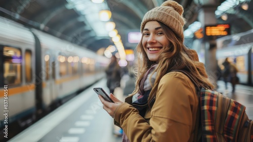 A happy woman chatting on her phone while waiting for the train, her face beaming with excitement for her journey. 