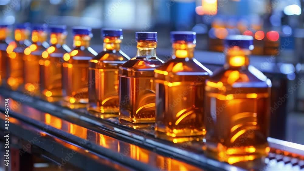 Glass bottles of vegetable oil move on conveyor belt in factory. Concept Food Industry, Factory Automation, Bottling Process, Conveyor System, Vegetable Oil Manufacturing Glass bottles of vegetable oil move on conveyor belt in factory. Concept Food Industry, Factory Automation, Bottling Process, Conveyor System, Vegetable Oil Manufacturing