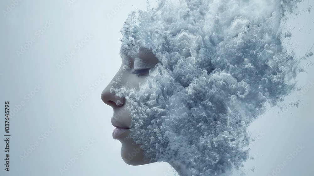 A tight shot of a face surrounded by clouds forming the likeness of a woman Clouds shaped as a female head encircle the subject A tight shot of a face surrounded by clouds forming the likeness of a woman Clouds shaped as a female head encircle the subject