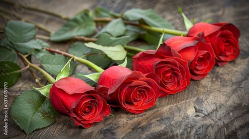 Roses form a group  some lying flat  others attached to a long green stem The arrangement includes a single red bloom at the end of