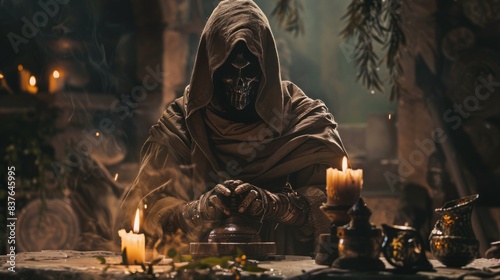 Warlock performing a ritual with ancient artifacts photo