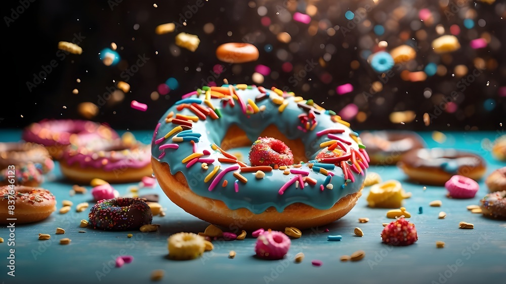 Donuts with colorful sprinkles floating in the air