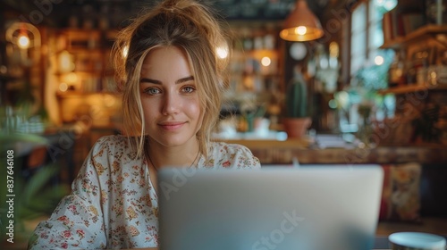 Young woman working on a laptop in a cozy, warmly lit cafe. Perfect for work-from-home, freelancer, and remote work concepts.