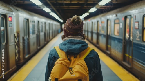 A rear view image of a trendy young man, backpack slung over one shoulder, waiting expectantly for the subway train to arrive.  photo