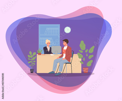 Female bank manager consulting man. Consultant and customer discussing deposits or loan terms flat vector illustration. Finance, credit, business concept for banner, website design or landing web page