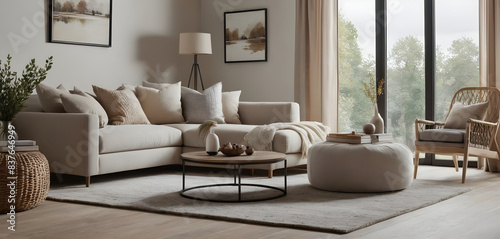 Cozy and stylish living room interior featuring neutral tones, comfortable sofa, chic armchair, and aesthetic decorations with natural light
