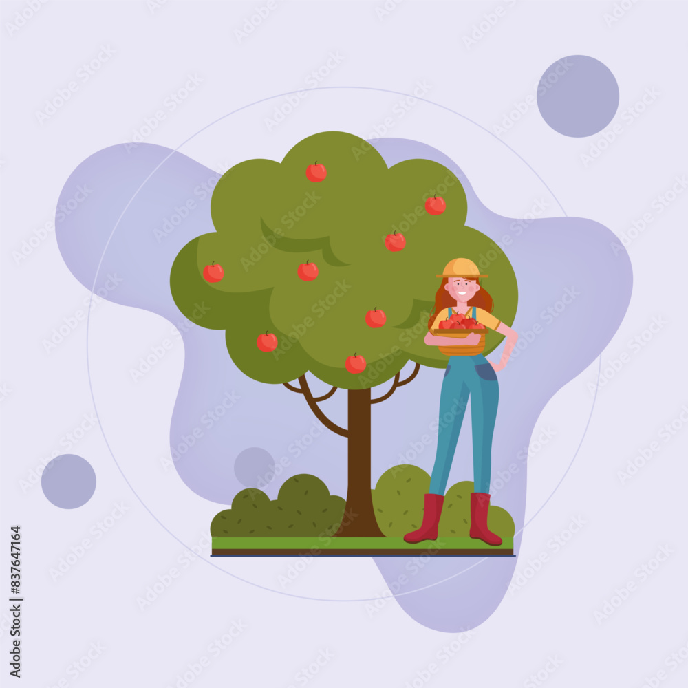 Female farmer with basket of apples. Woman picking apples at tree flat vector illustration. Gardening, harvest, hobby concept for banner, website design or landing web page