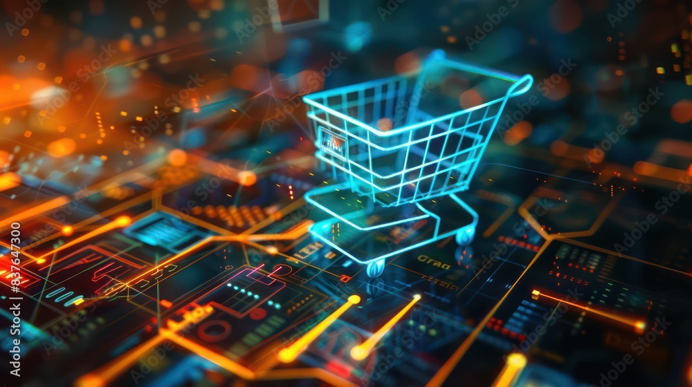 An abstract CGI image of a glowing shopping cart icon against a digital backdrop, with geometric shapes and patterns adding visual interest to the image. An abstract CGI image of a glowing shopping cart icon against a digital backdrop, with geometric shapes and patterns adding visual interest to the image.
