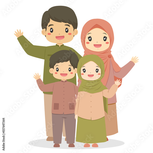 Happy four members of Muslim family portrait waving hands. Parents and children character cartoon vector. 