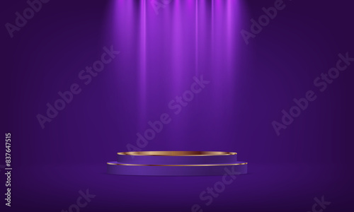 Purple and Gold studio room background. 3D abstract studio room with pedestal podium. Space for selling products on the website. Business backdrop. Vector illustration.