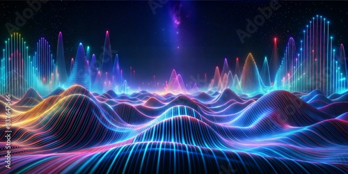 The image depicts a digital landscape with undulating surfaces, resembling mountains or waves. It is illuminated by multicolored lights, including shades of blue, pink, and yellow. The lights appear  © Bounpaseuth