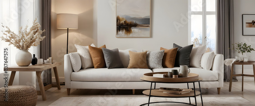 Natural light is flooding a cozy living room, illuminating a comfortable couch decorated with pillows. An interior designer has carefully chosen furniture and decorations