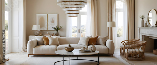 Inviting living room with a calming color palette, expansive windows for natural light, and chic furnishings for a cozy ambiance