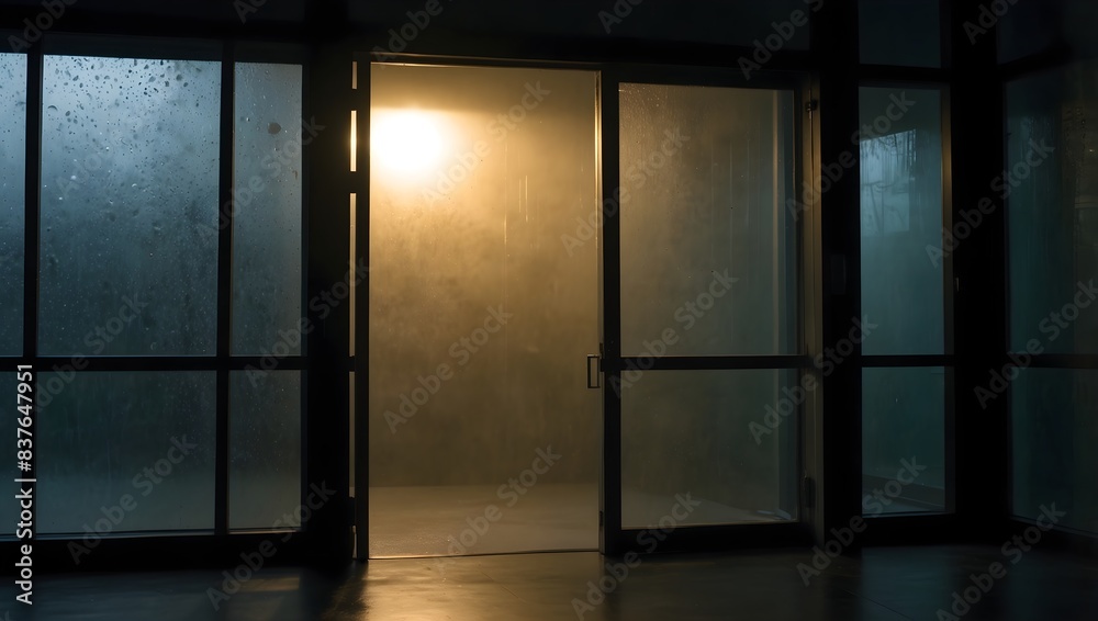 The anticipation of approaching a frosted glass door, curious about the secrets it conceals within the dimly lit room beyond ai_generated The anticipation of approaching a frosted glass door, curious about the secrets it conceals within the dimly lit room beyond ai_generated