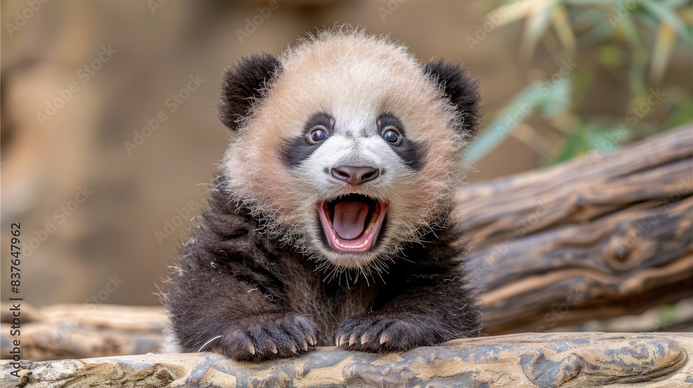 A black and white panda bears its wide-open mouth in a yawn A black and white panda bears its wide-open mouth in a yawn