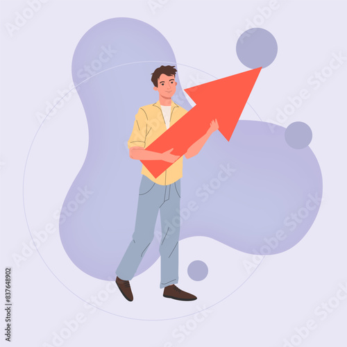 Male customer holding big arrow and pointing up. Business, special offer, shopper flat vector illustration. Shopping, advertising, growth concept for banner, website design or landing web page