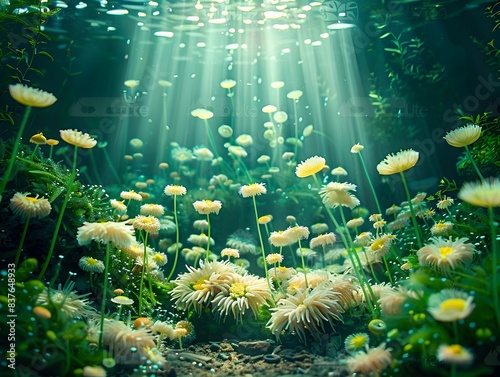 Enchanting Underwater Seascape of Swaying Sea Anemones in Lush Marine Habitat