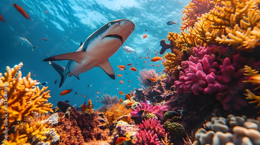 Obraz premium Reef Shark Gliding Through Vibrant Coral Garden in Tropical Underwater Scene
