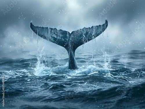 Powerful Whale Fluke Emerging from Vast Ocean Depths in a Dramatic Splash Capturing the Majestic Essence of Marine Life © Thares2020