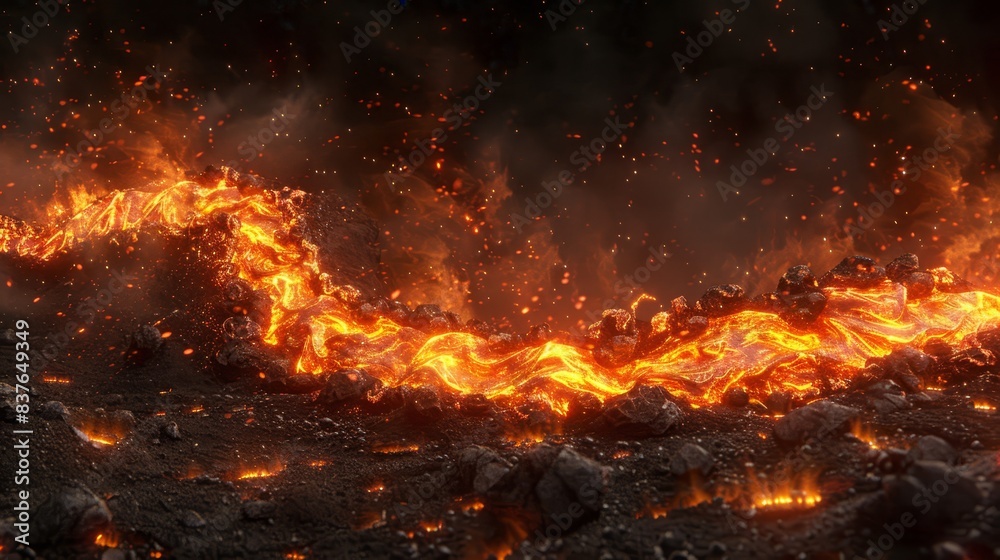 A tight shot of a fire against a backdrop of dark rocks and dirt Rocks occupy the foreground, while bright orange flames dominate the midsection A tight shot of a fire against a backdrop of dark rocks and dirt Rocks occupy the foreground, while bright orange flames dominate the midsection