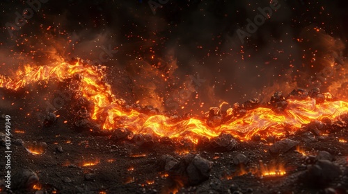  A tight shot of a fire against a backdrop of dark rocks and dirt Rocks occupy the foreground, while bright orange flames dominate the midsection photo